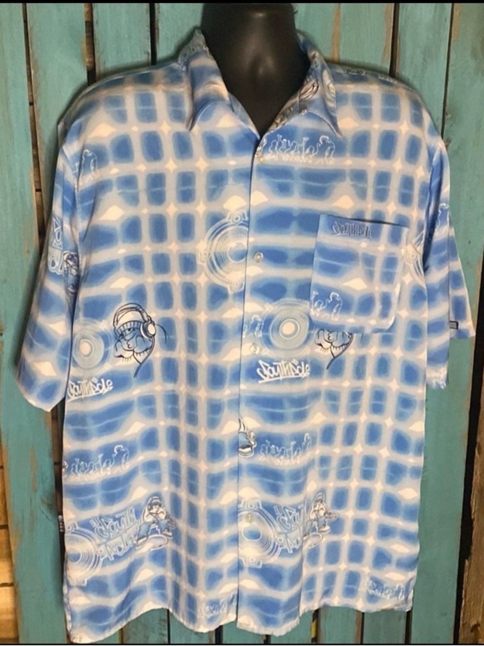 Vintage 90s South Pole AOP lounge shirt size large blue white polyester Korea